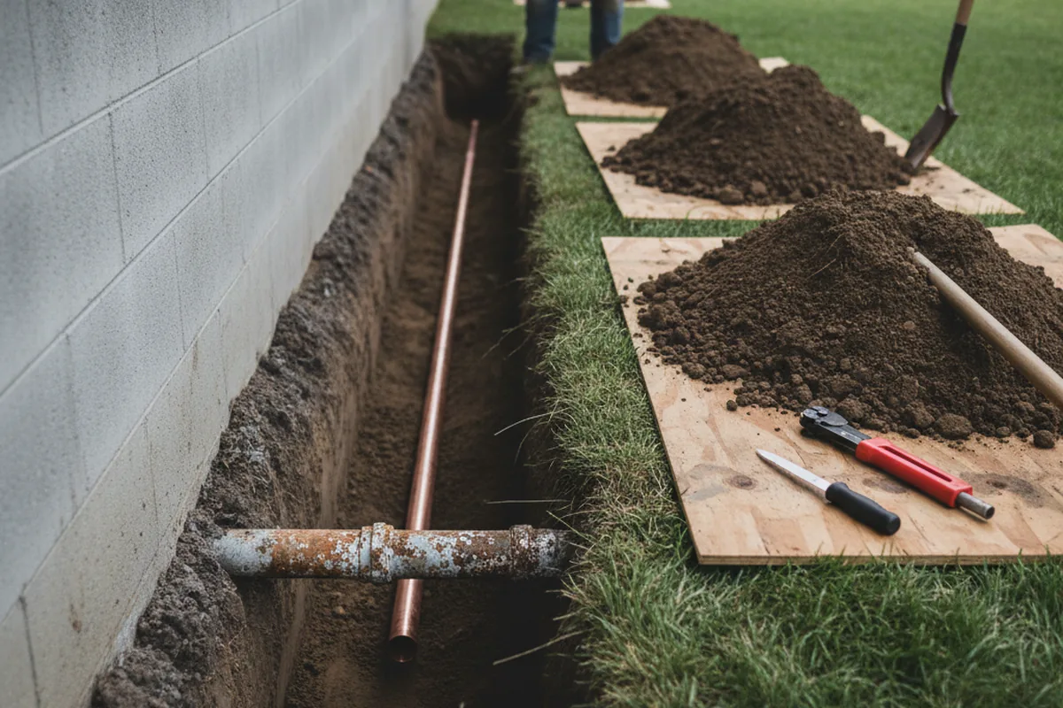 Excavated water line trench during Water Softener Installation in Walhonding